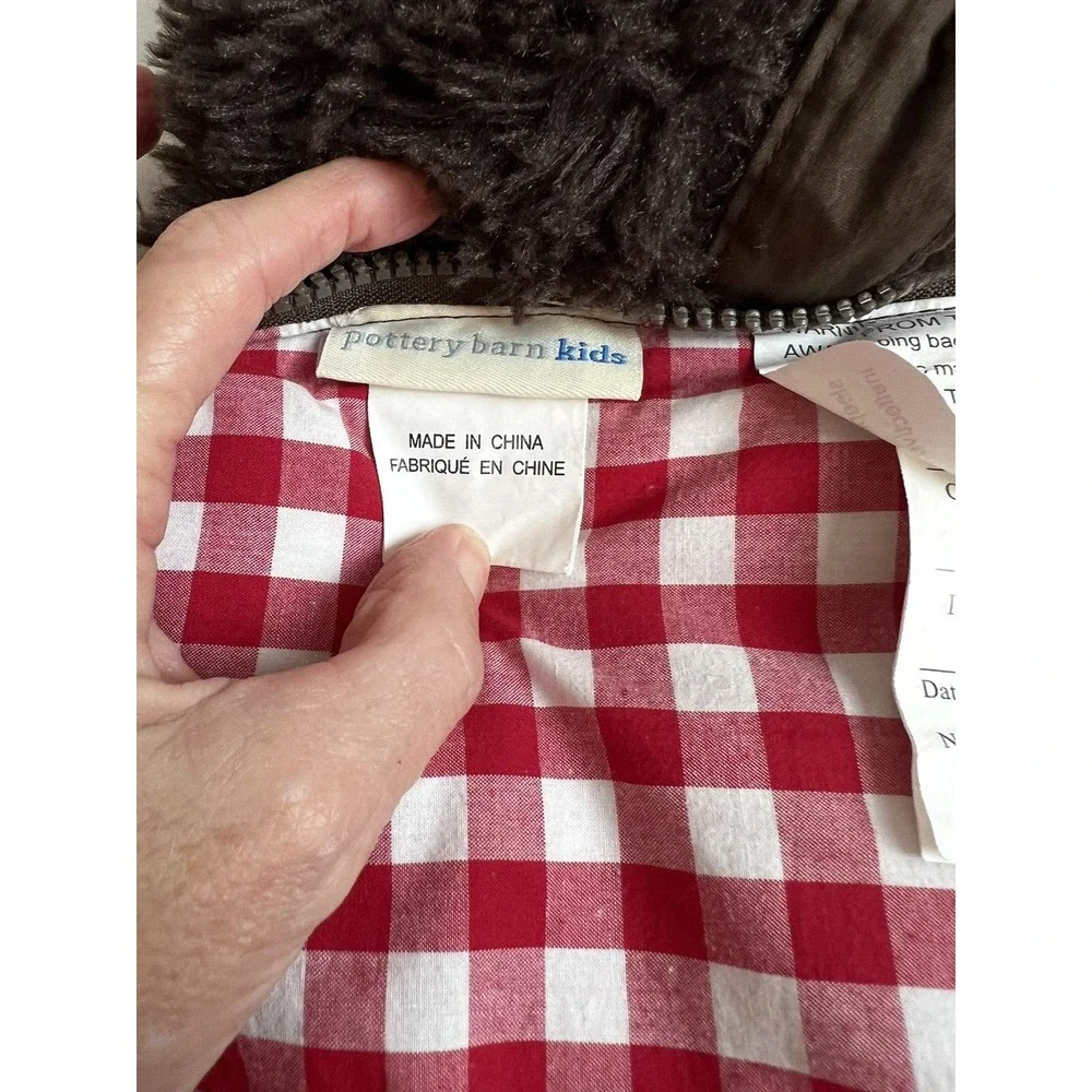 Pottery Barn Kids Moose Plush Sleeping Bag Brown Lined in Red Gingham